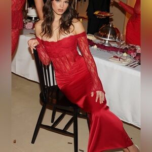 Red Lace Satin Corset Maxi Dress